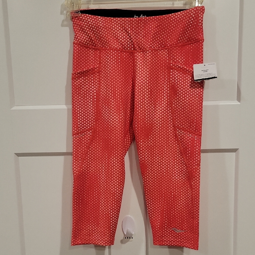 Saucony Coral and White Polka Dot Running Capris